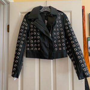 New Black faux leather grommet moto jacket Small